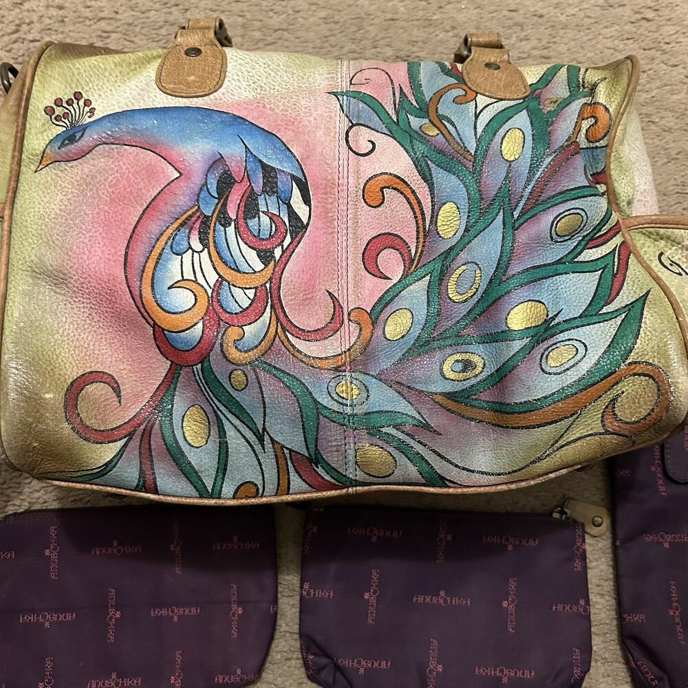 Anuschka Hand Painted Satchel Peacock Leather With Pouches *Blemishes